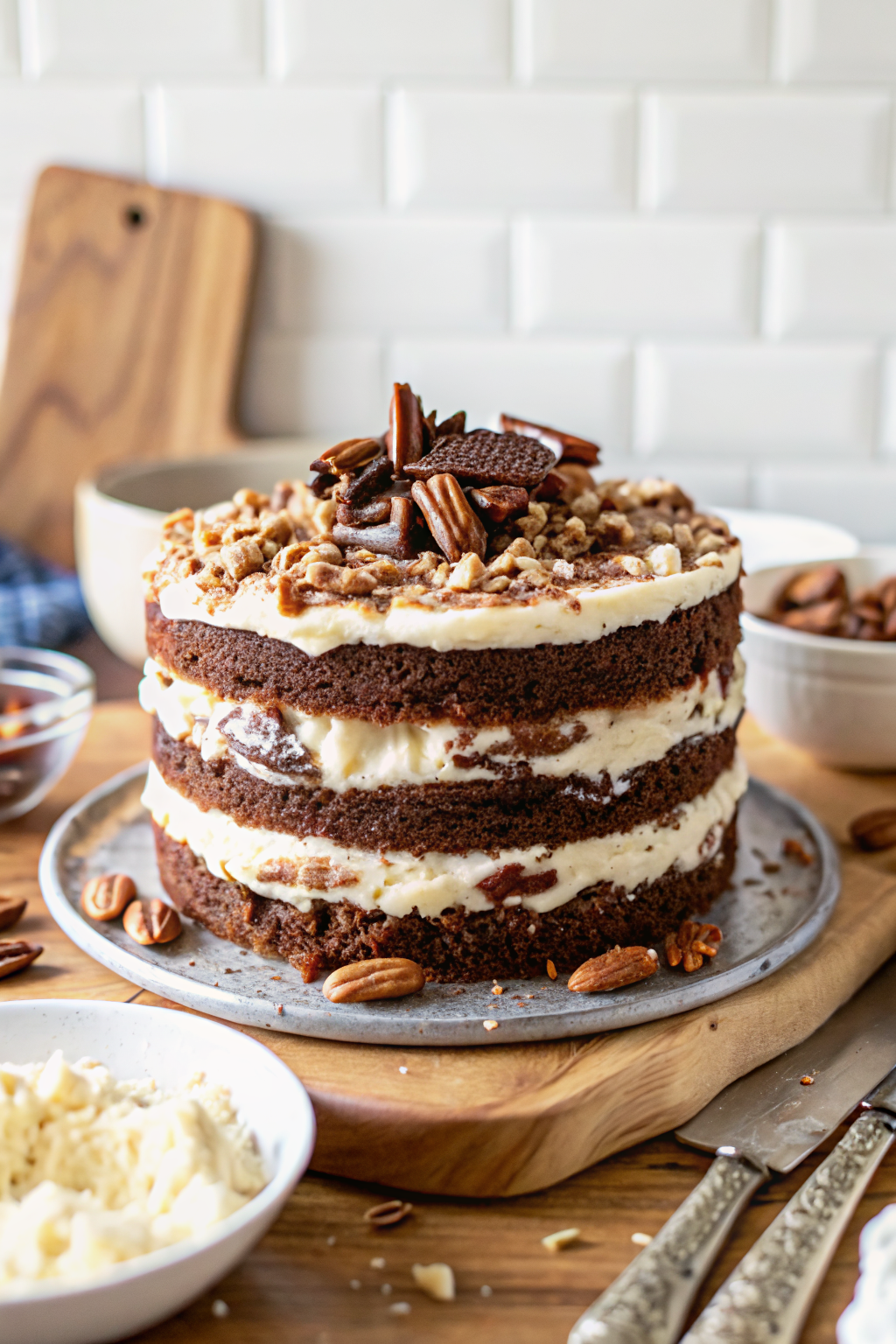 Almond Joy Layer Cake beautifully presented from an overhead angle