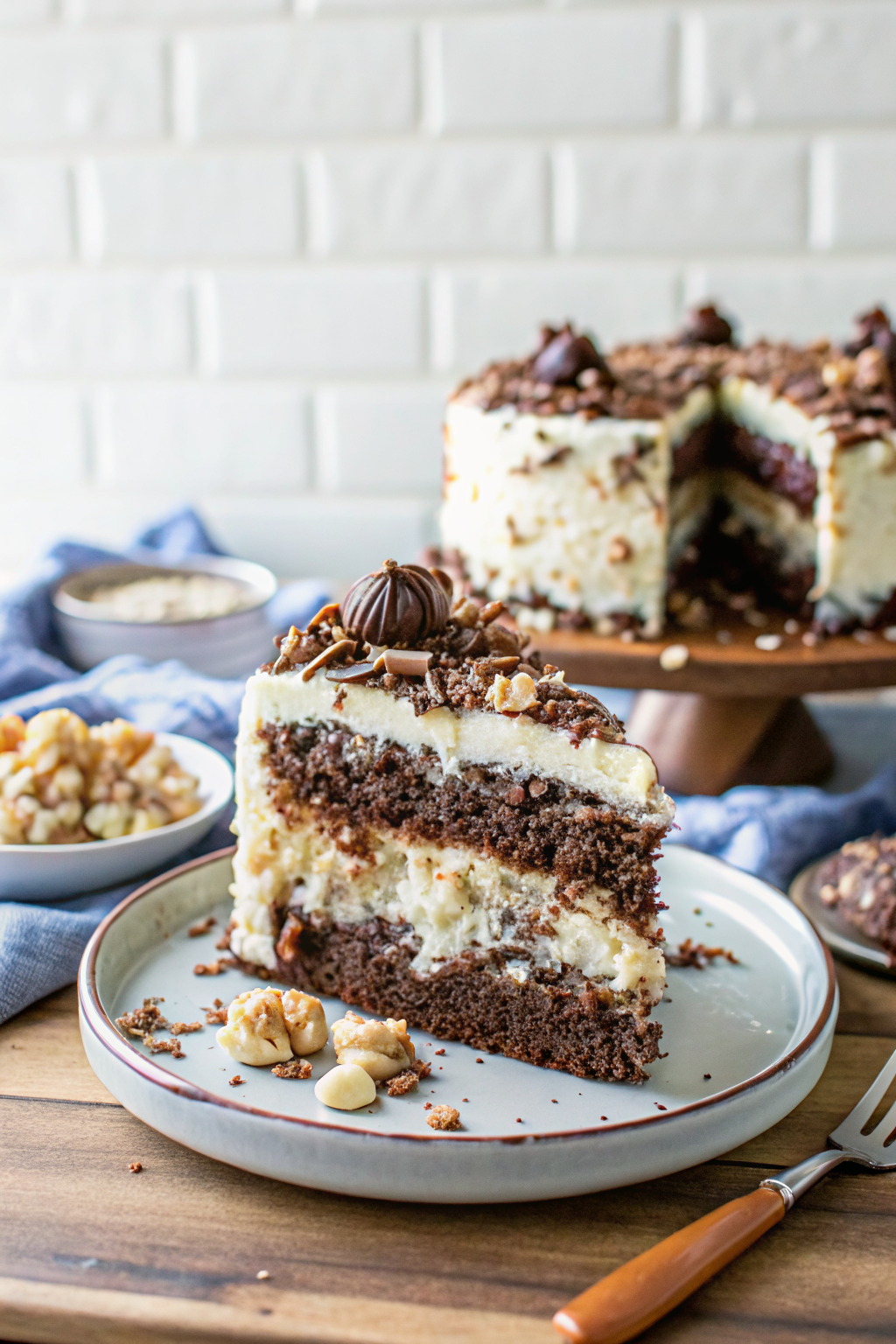 Almond Joy Layer Cake slice on plate showing perfect texture and swirl pattern