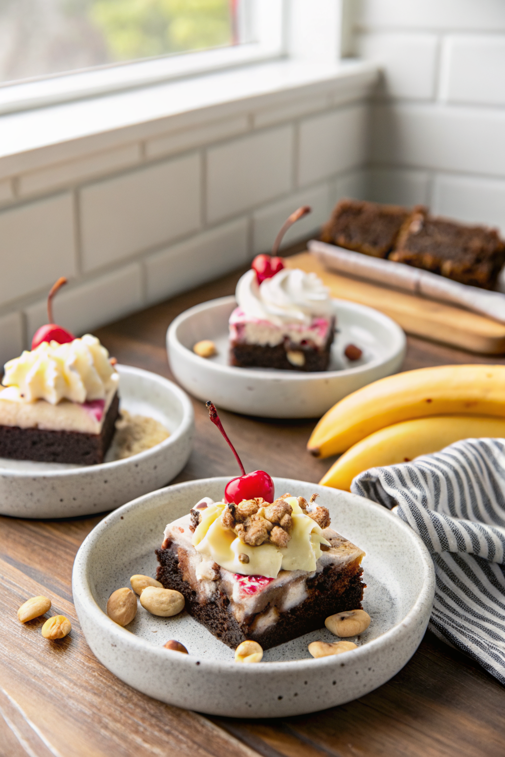 Banana Split Brownies beautifully presented from an overhead angle