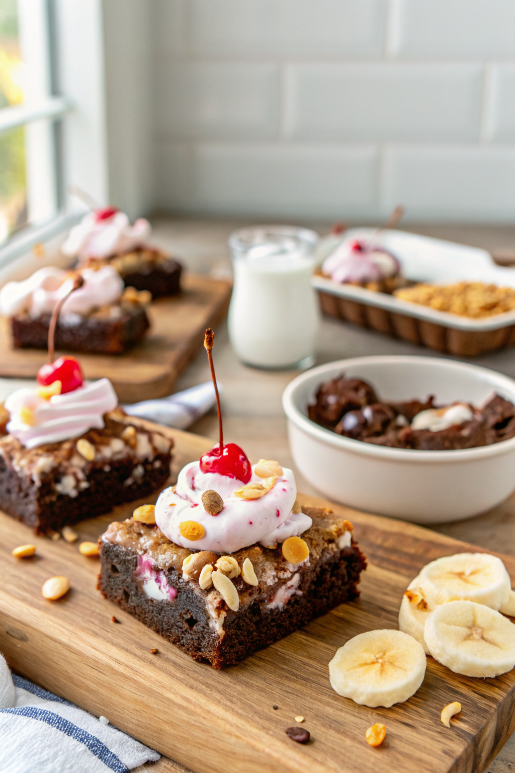 Banana Split Brownies ingredients organized and measured on kitchen counter