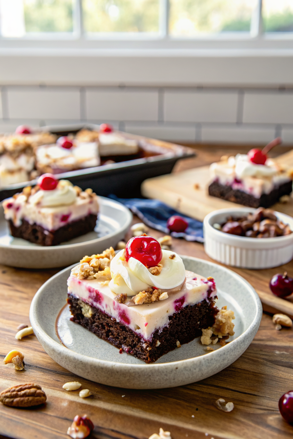 Banana Split Brownies slice on plate showing perfect texture and swirl pattern