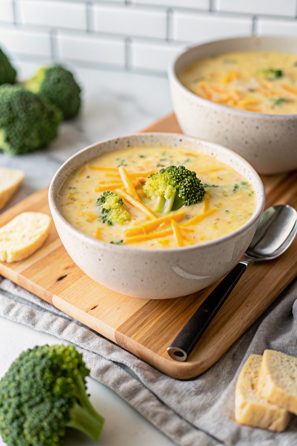 Best Broccoli Cheese Soup beautifully presented from an overhead angle