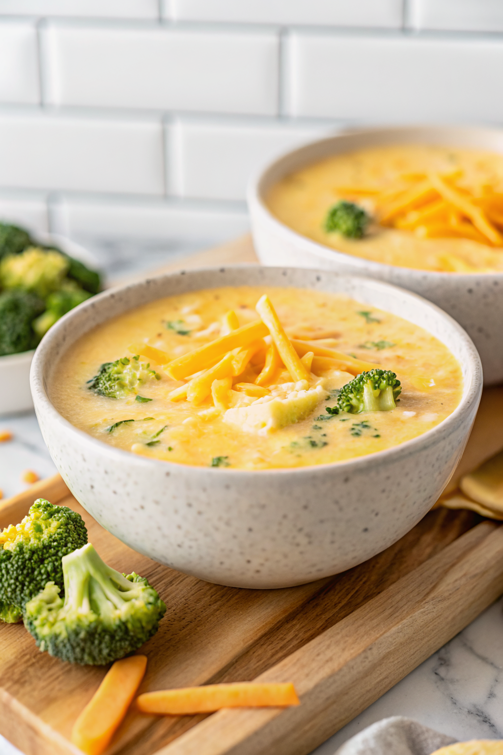 Best Broccoli Cheese Soup ingredients organized and measured on kitchen counter
