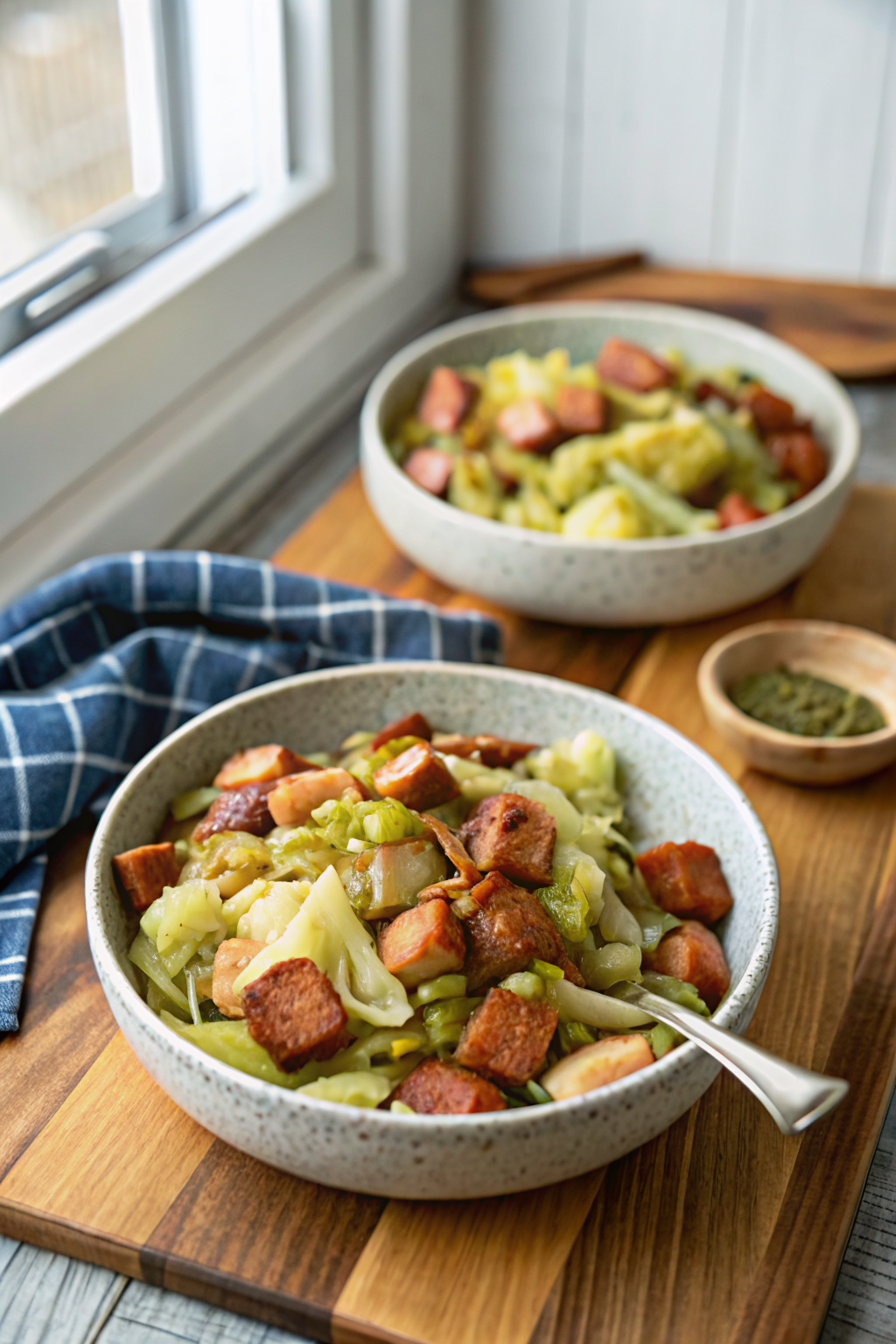 Cabbage and Sausage Skillet beautifully presented from an overhead angle