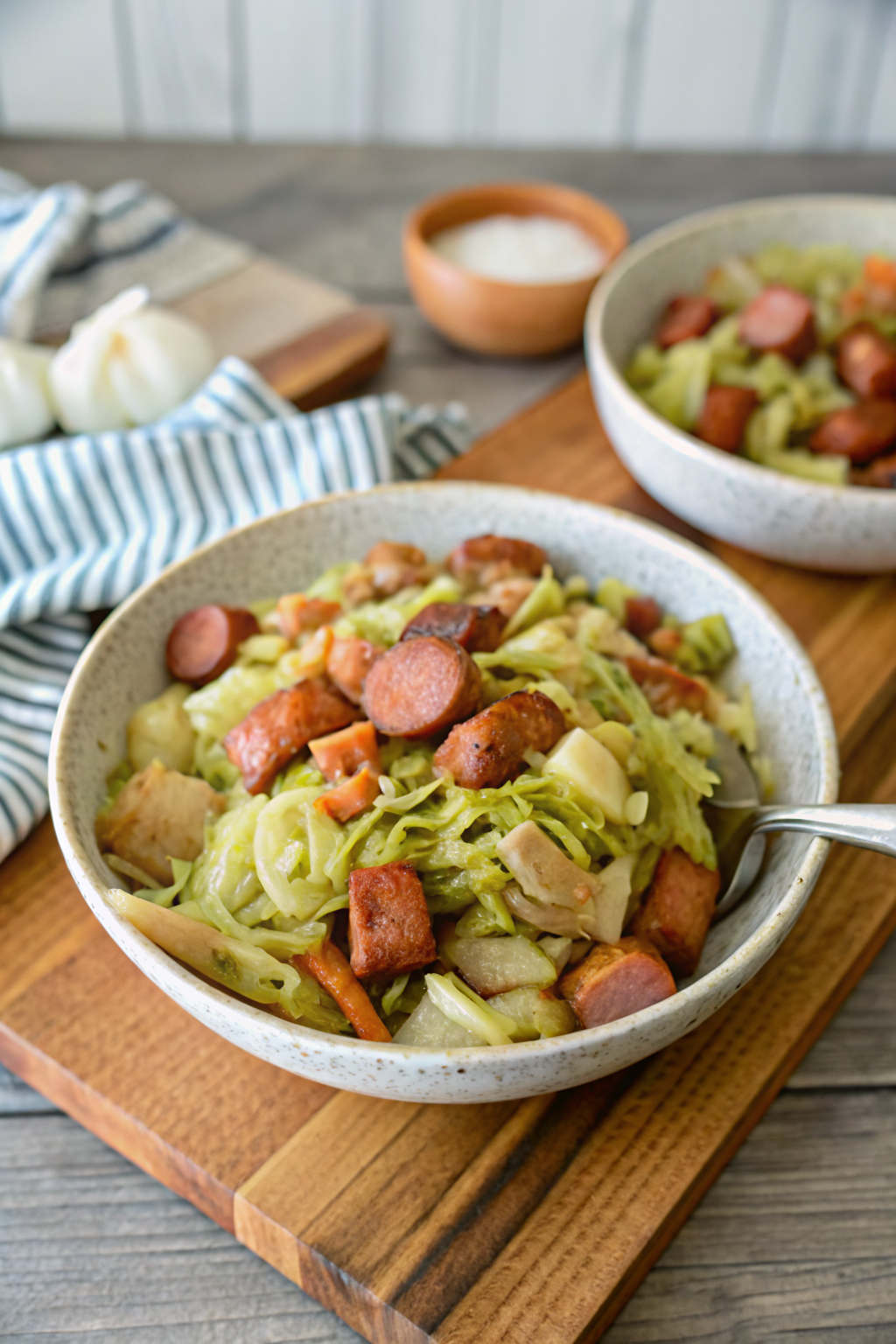 Cabbage and Sausage Skillet ingredients organized and measured on kitchen counter