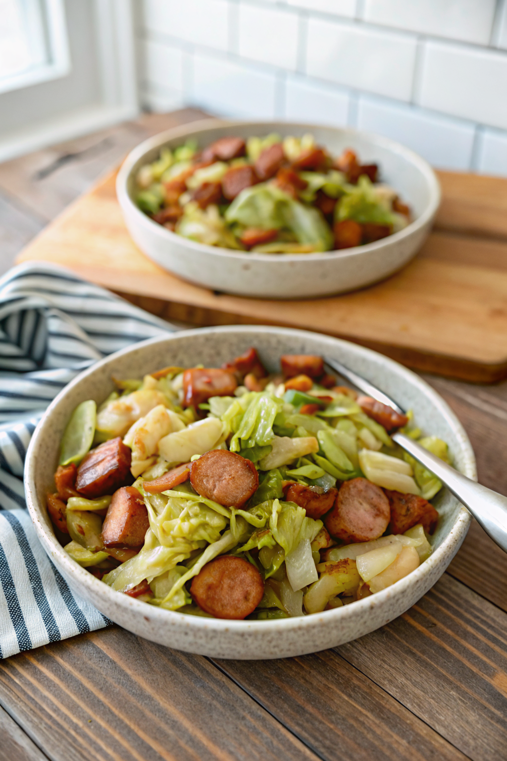 Cabbage and Sausage Skillet slice on plate showing perfect texture and swirl pattern