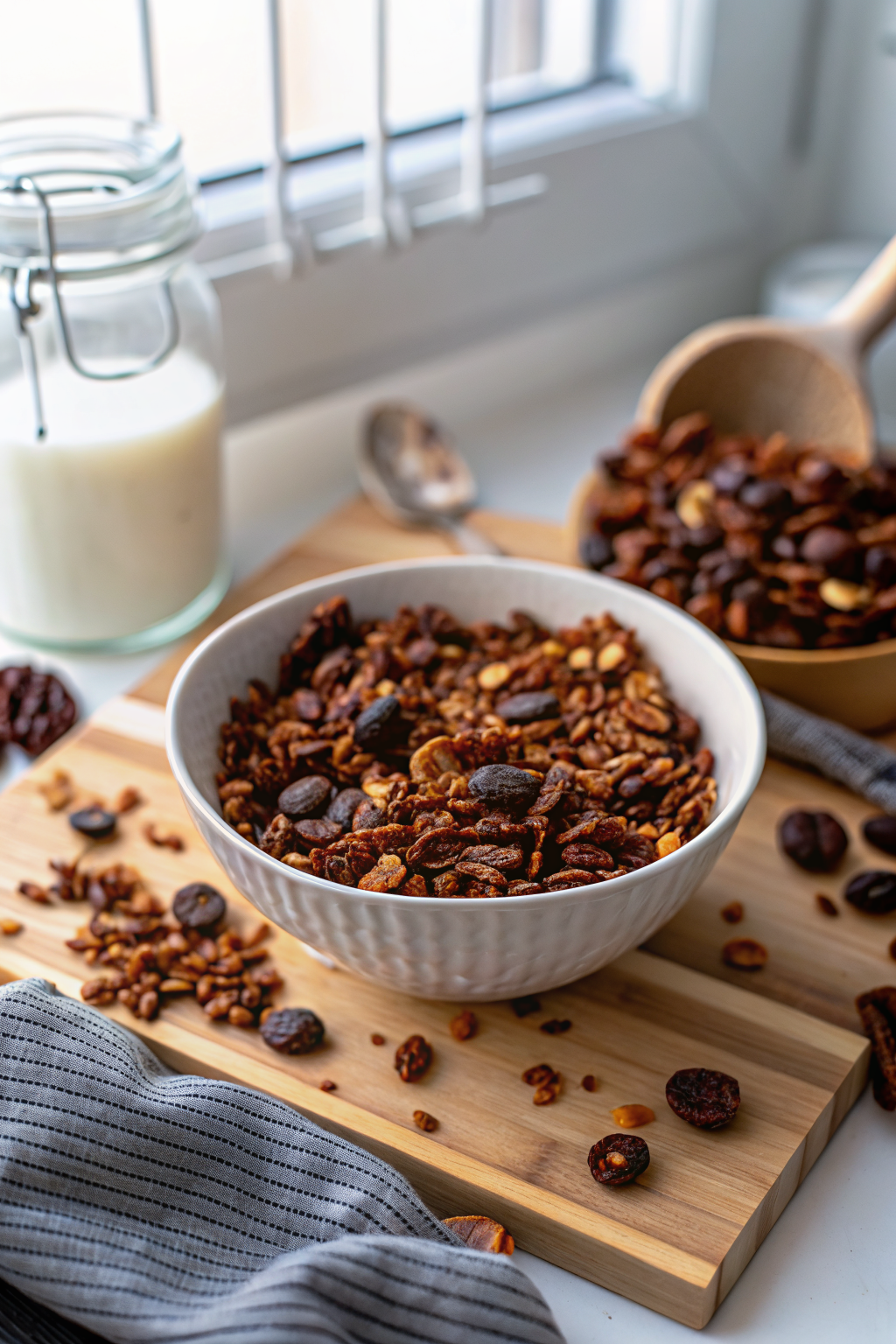 Chocolate Granola beautifully presented from an overhead angle