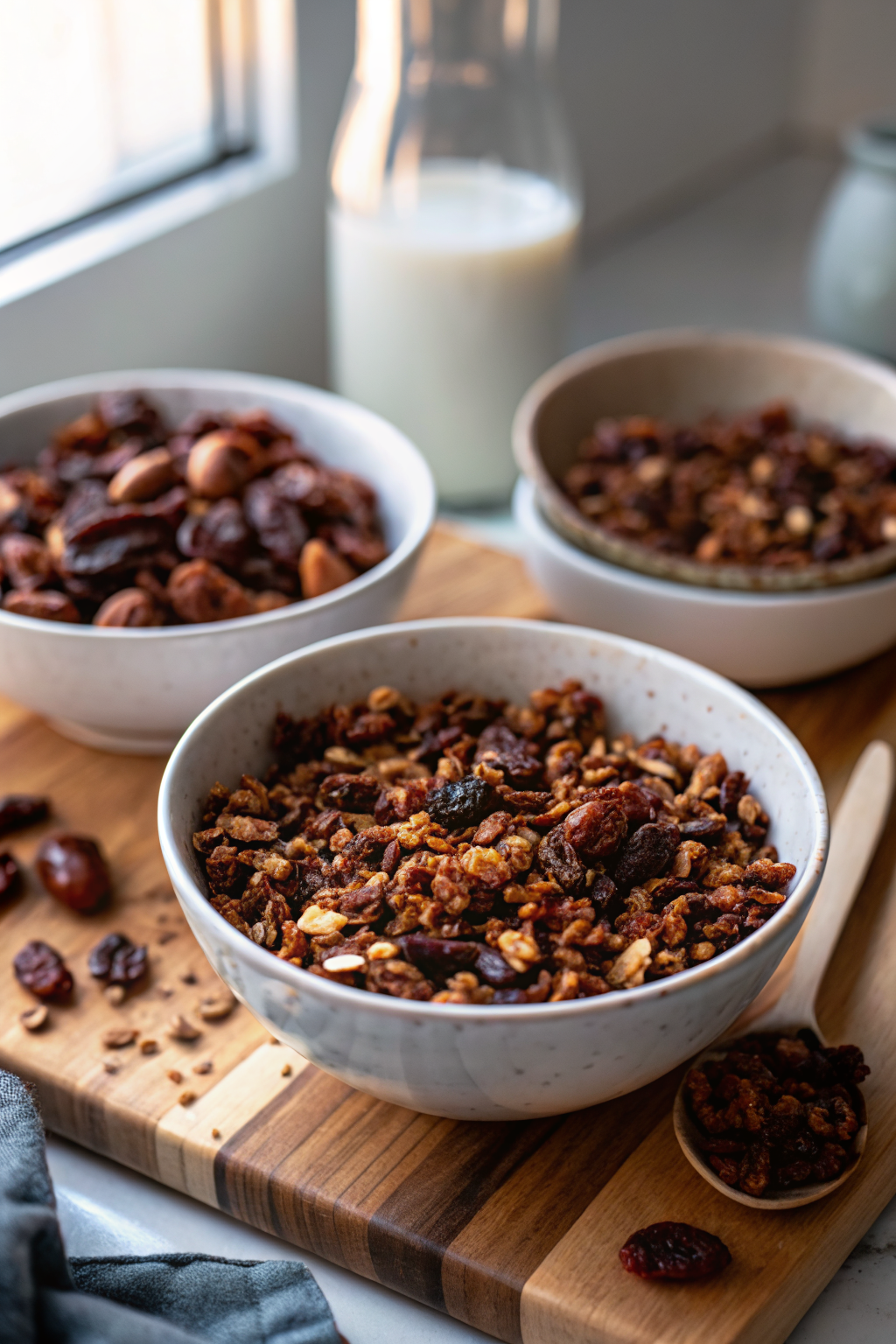 Chocolate Granola ingredients organized and measured on kitchen counter
