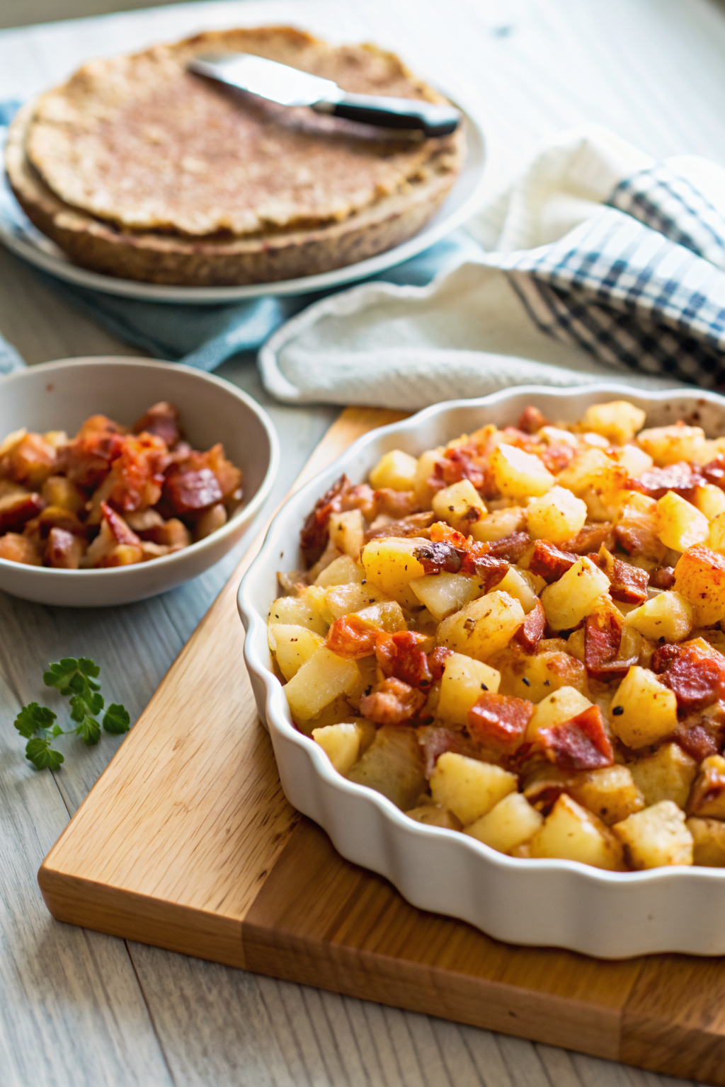 Crispy Cheese Bacon Potatoes beautifully presented from an overhead angle