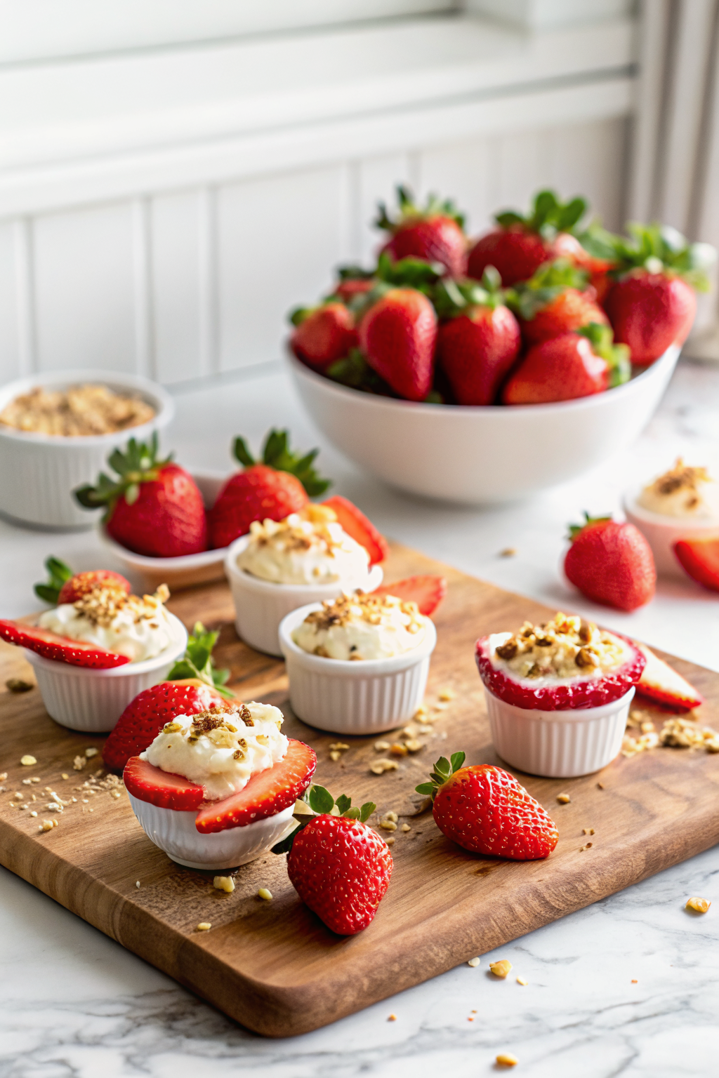 Cheesecake Deviled Strawberries beautifully presented from an overhead angle