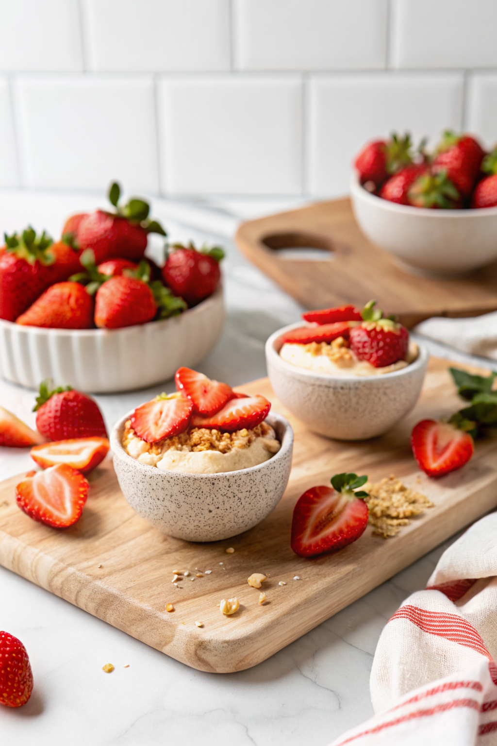 Cheesecake Deviled Strawberries ingredients organized and measured on kitchen counter