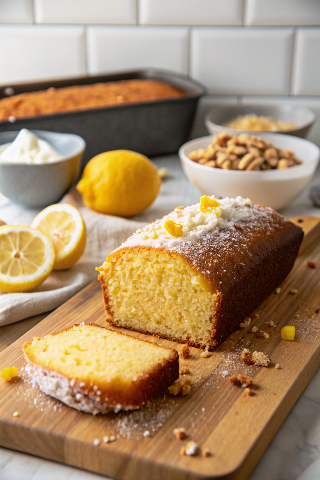 Lemon Bundt Cake beautifully presented from an overhead angle