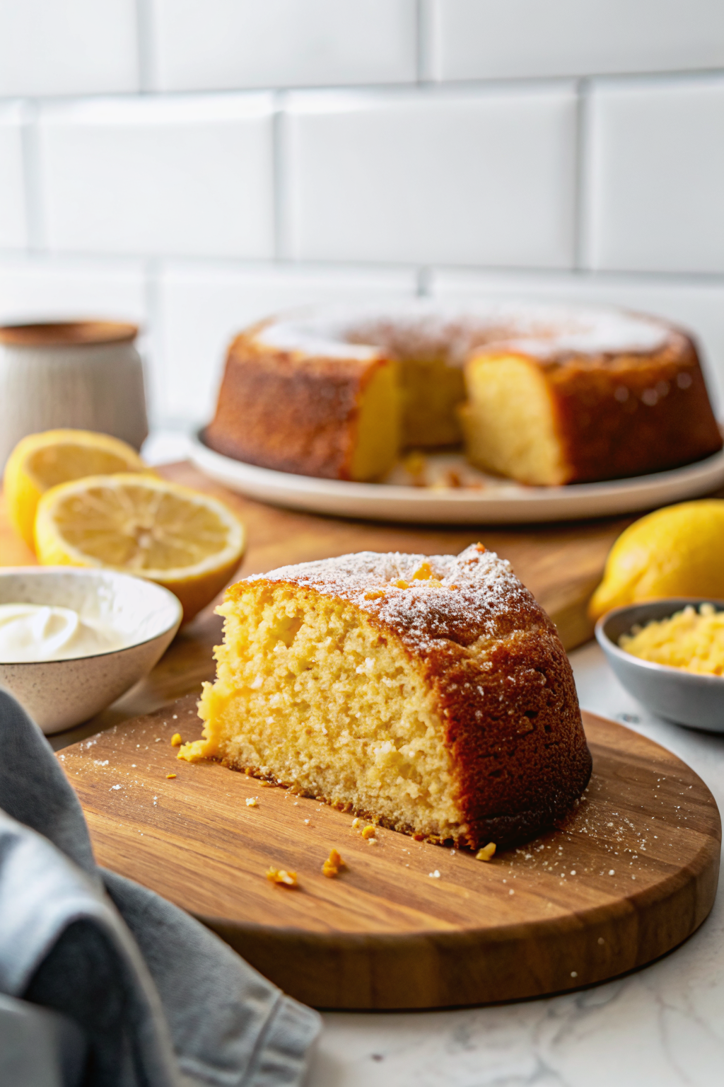 Lemon Bundt Cake slice on plate showing perfect texture and swirl pattern