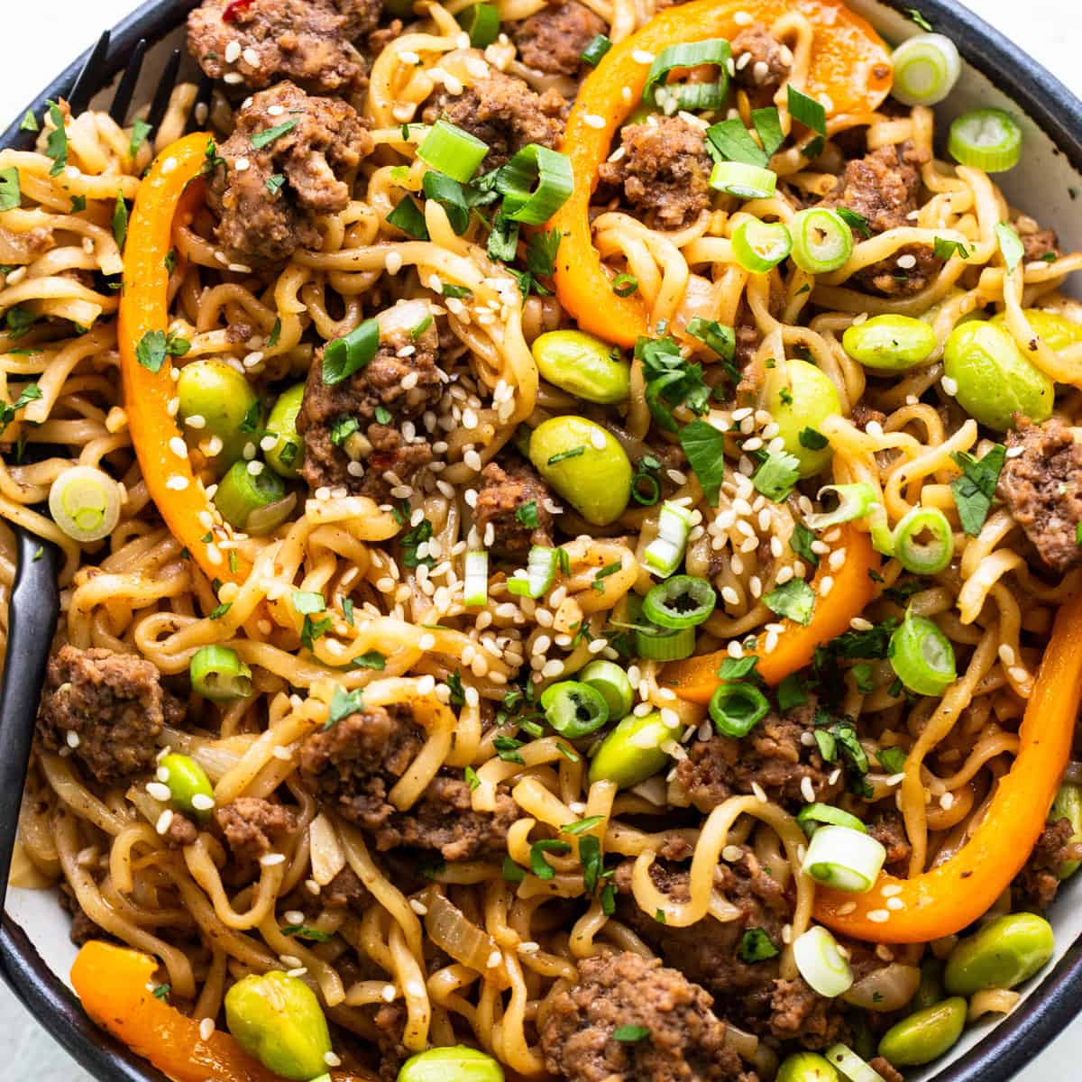 One-Pot Ground Beef Ramen Noodles beautifully presented from an overhead angle