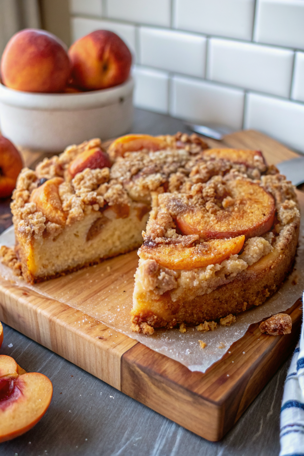 Peach Coffee Cake beautifully presented from an overhead angle