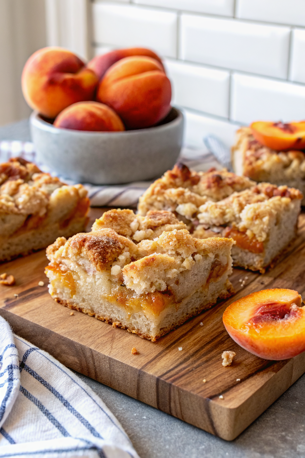 Peach Coffee Cake slice on plate showing perfect texture and swirl pattern