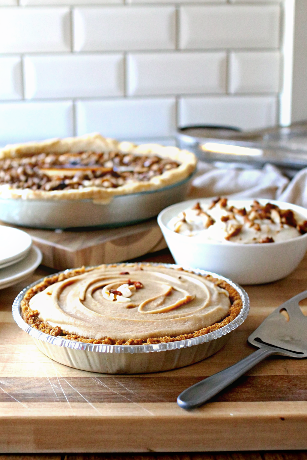 Peanut Butter Pie ingredients organized and measured on kitchen counter