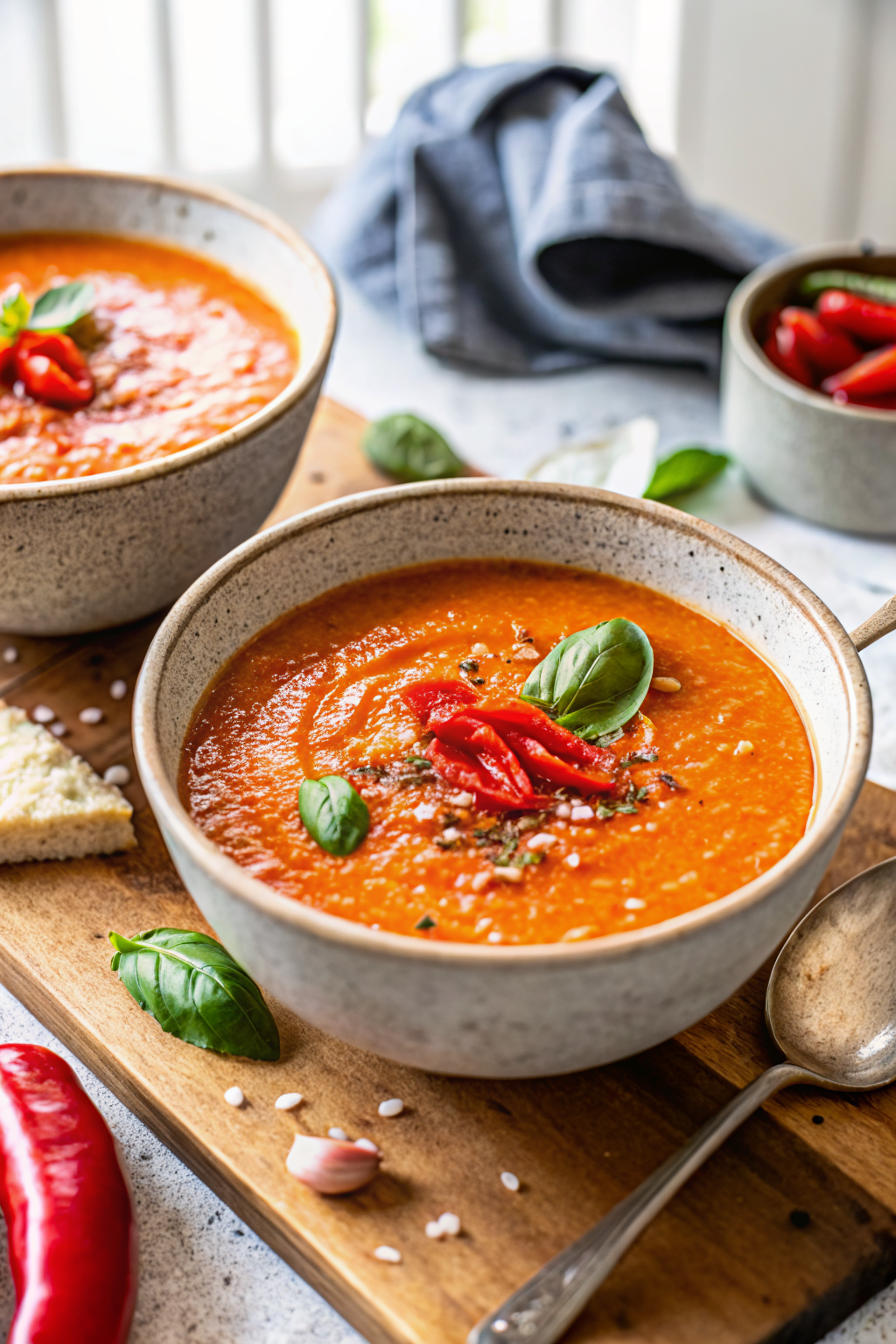 Roasted Red Pepper Soup beautifully presented from an overhead angle