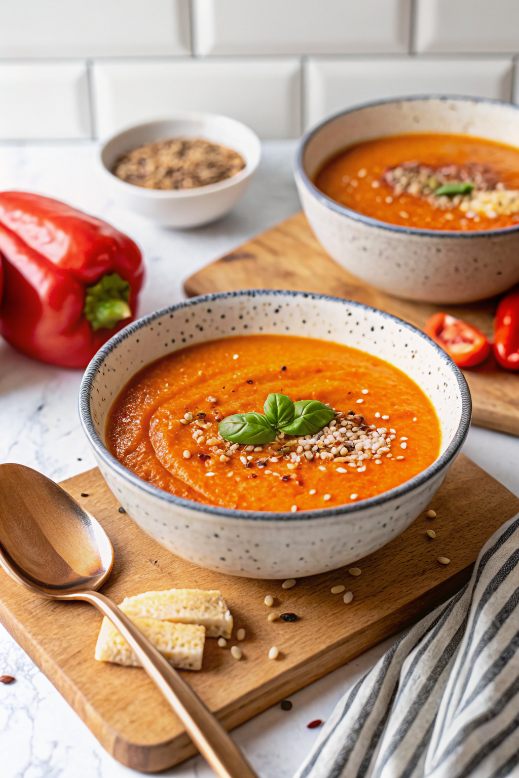 Roasted Red Pepper Soup ingredients organized and measured on kitchen counter