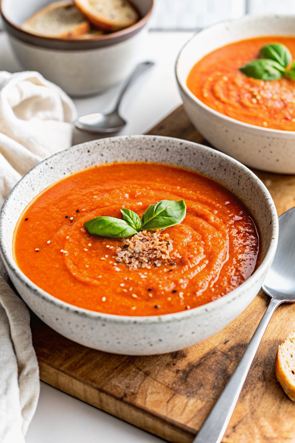 Roasted Red Pepper Soup slice on plate showing perfect texture and swirl pattern