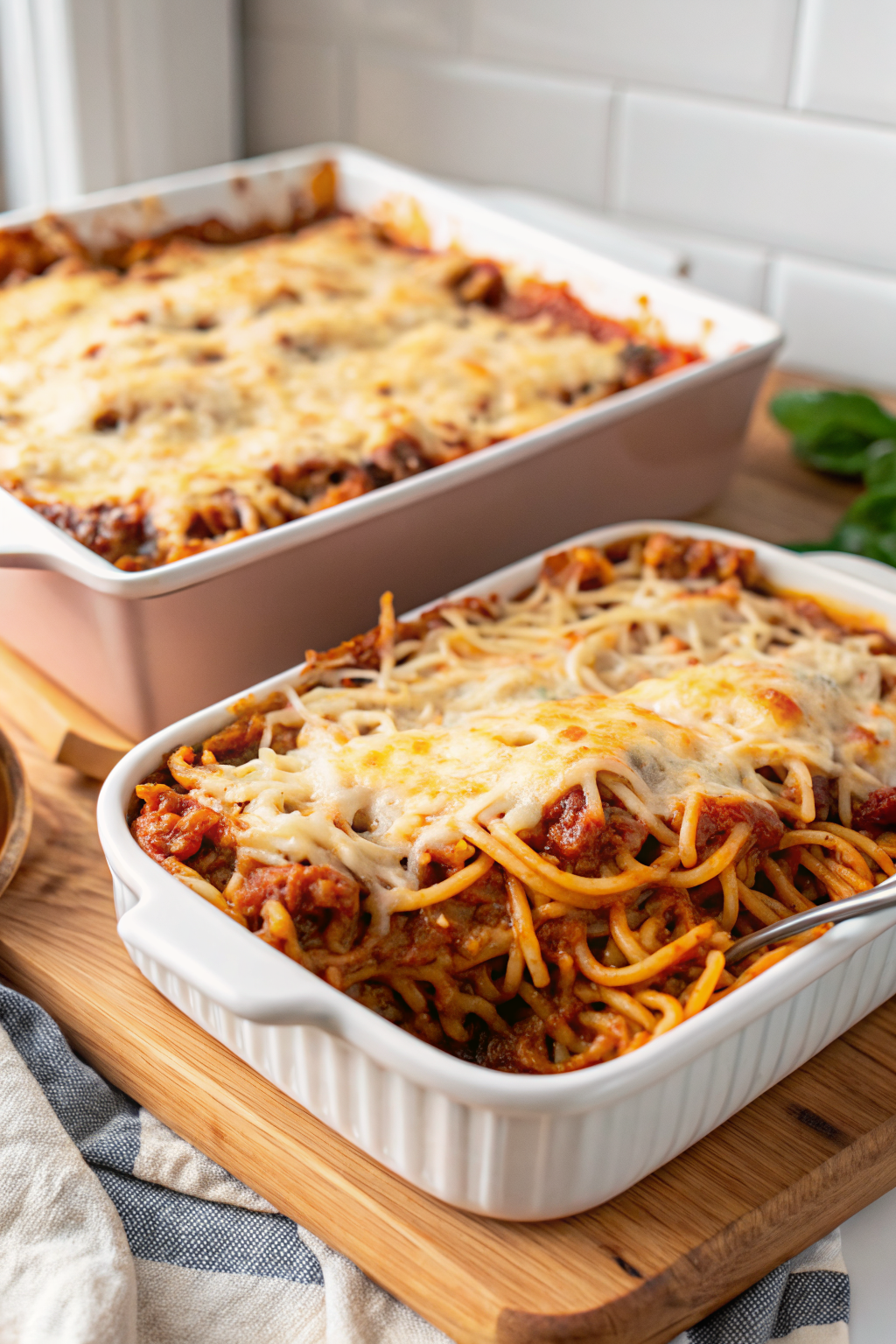 Spaghetti Bake beautifully presented from an overhead angle