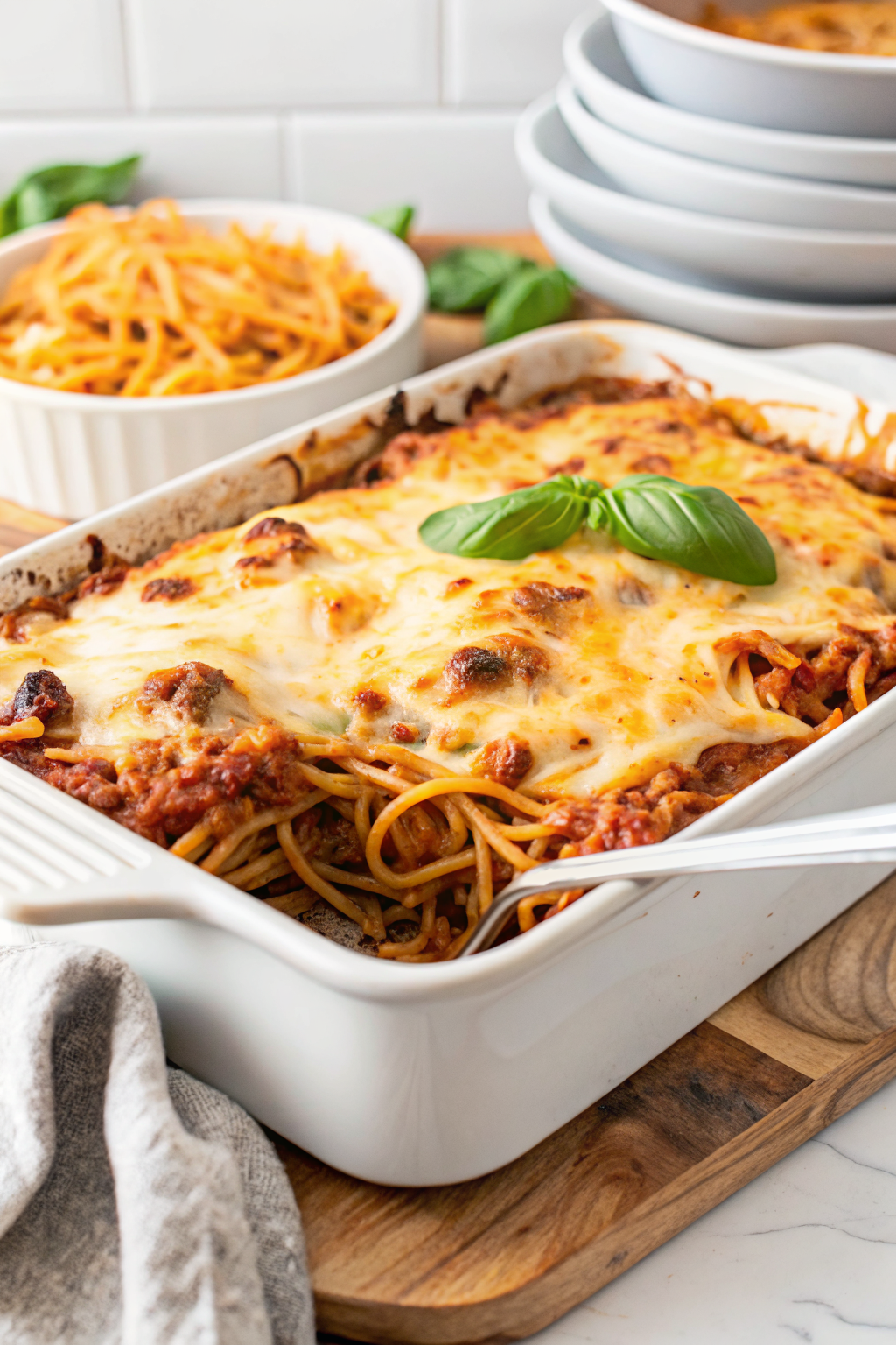 Spaghetti Bake slice on plate showing perfect texture and swirl pattern