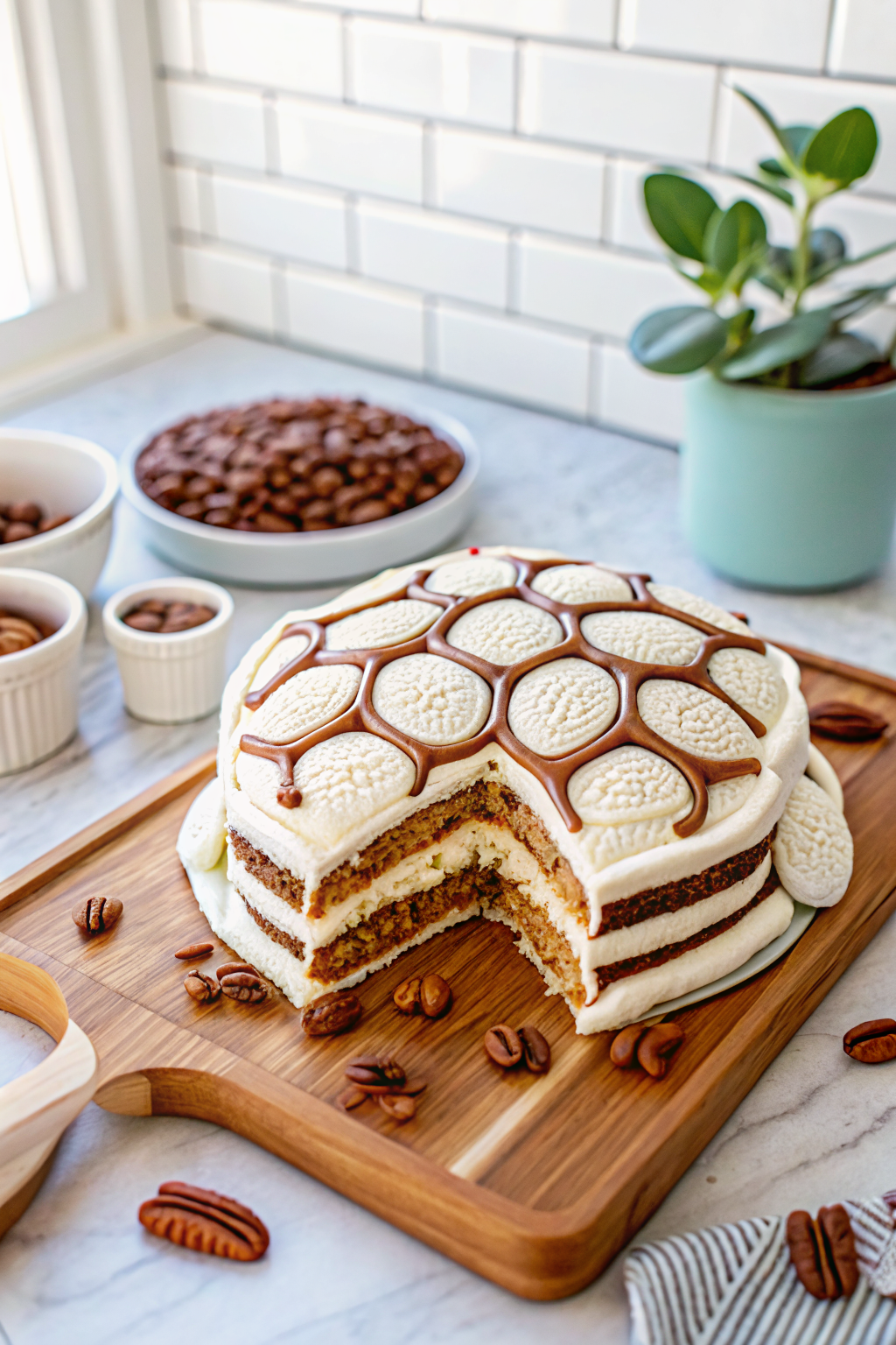 Turtle Ice Cream Sandwich Cake beautifully presented from an overhead angle