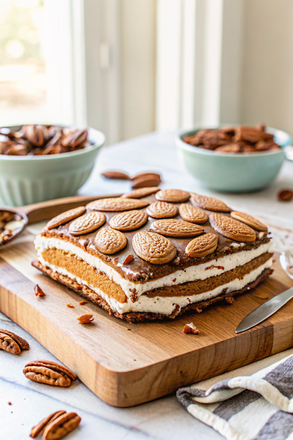 Turtle Ice Cream Sandwich Cake ingredients organized and measured on kitchen counter