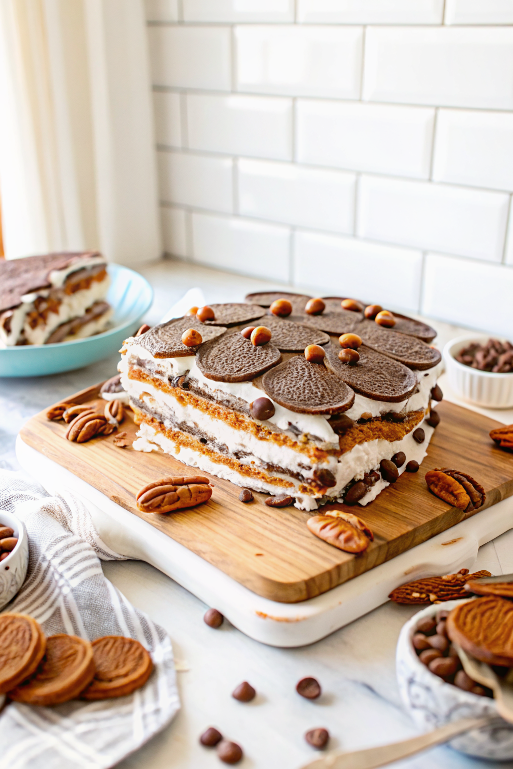 Turtle Ice Cream Sandwich Cake slice on plate showing perfect texture and swirl pattern